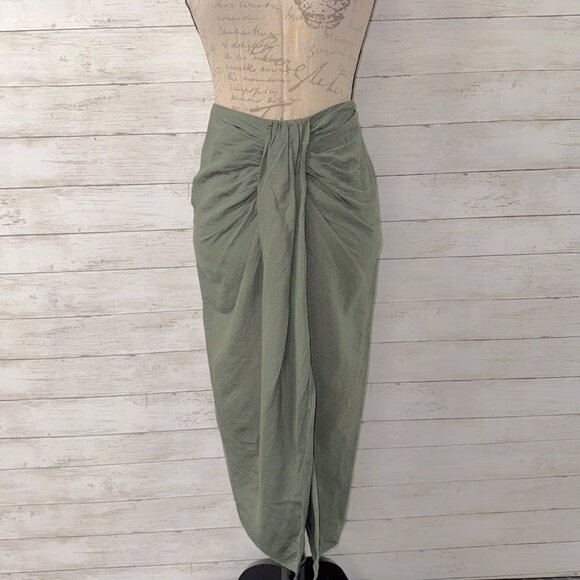 Green Zara High-Waist Linen Blend Pleated Ruched Slit-Front Midi Skirt - Picture 5 of 5